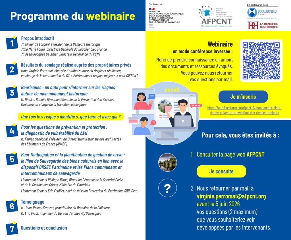 Programme du webinaire "Monuments historiques privés et prévention des risques majeurs"