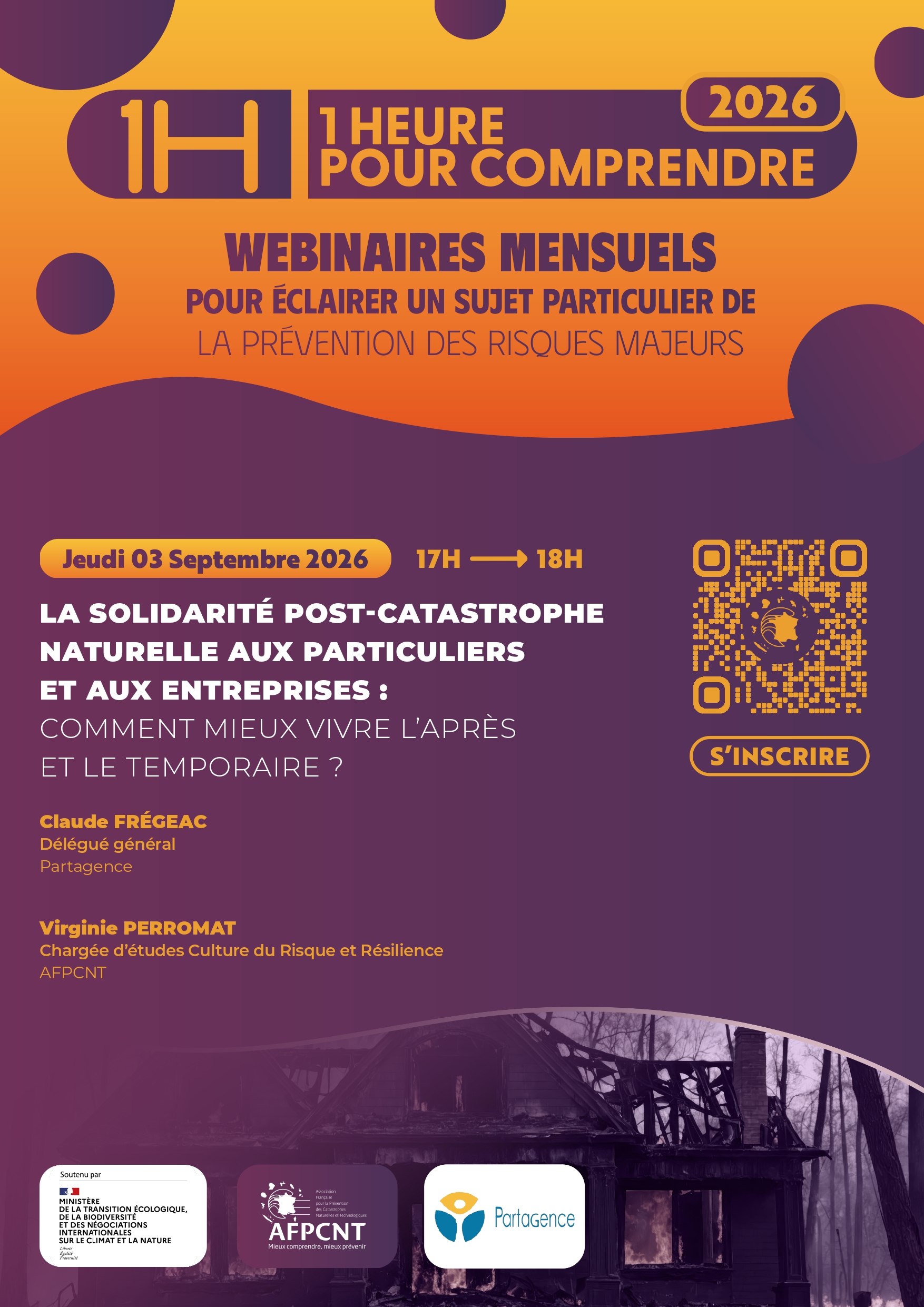 Affiche du webinaire « 1H pour comprendre » du 3 septembre 2026 sur la solidarité post-catastrophe naturelle et la gestion de l’après, avec l’AFPCNT et Partagence.